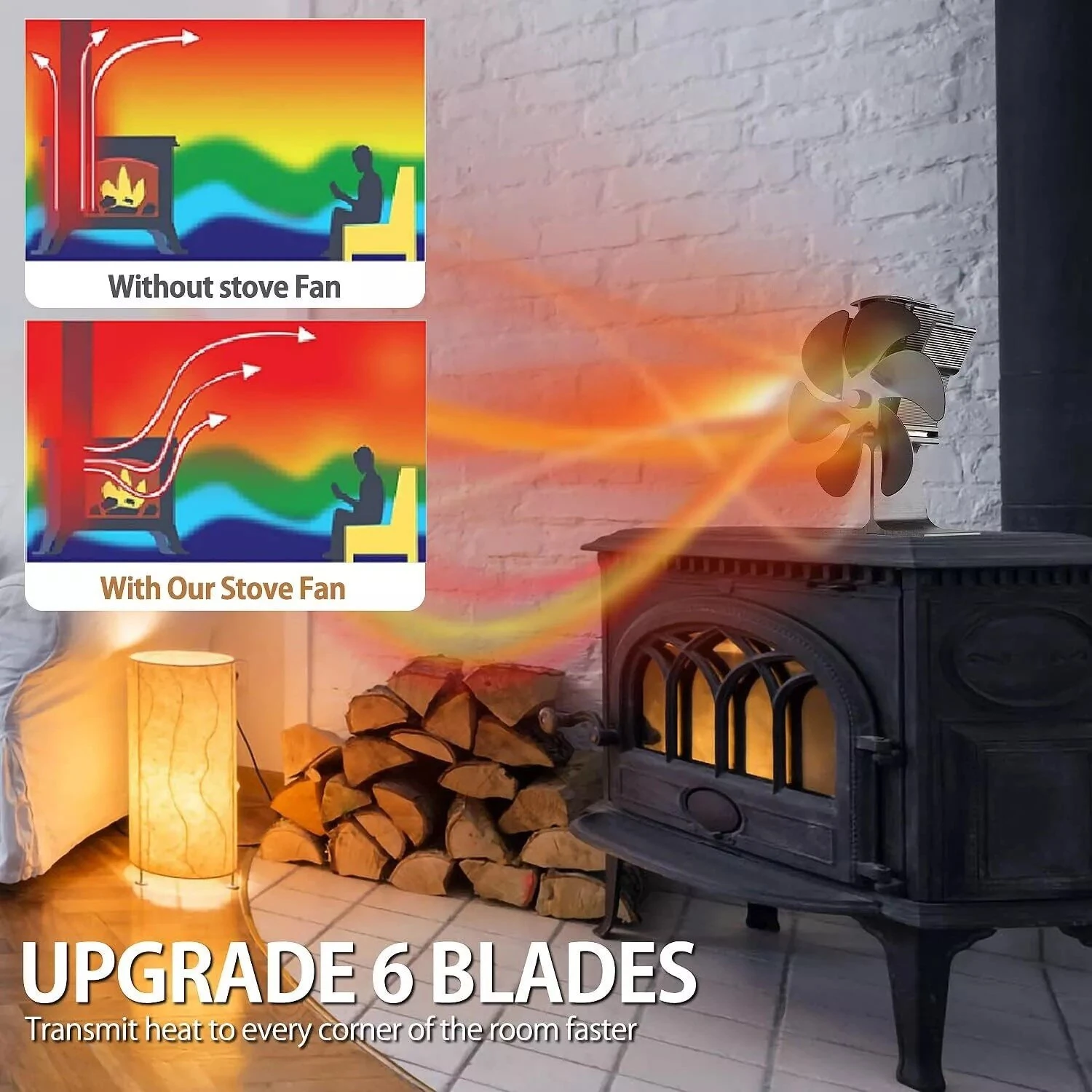 (image for) IPRee 6 Blades Heat Powered Stove Fan Black Fireplace Fan Log Wood Burner Eco-fan Quiet Home Fireplace Fan Efficient Heat Distribution